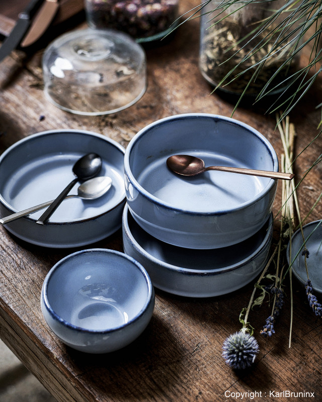 Set 1 bol et 2 assiettes rond bleu grès émaillé Ø 24,5 cm Pure Blue Serax